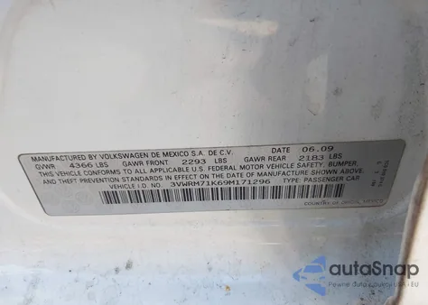 2009 Volkswagen Jetta Se z USA, uszkodzony, nr VIN 3VWRM71K69M171296